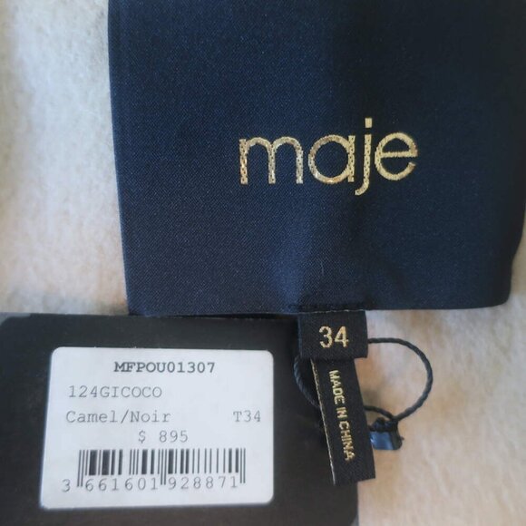 Maje Gicoco Belted Scarf Coat Camel Embroidered Double-Faced Wool Size 34 NEW - Picture 7 of 10